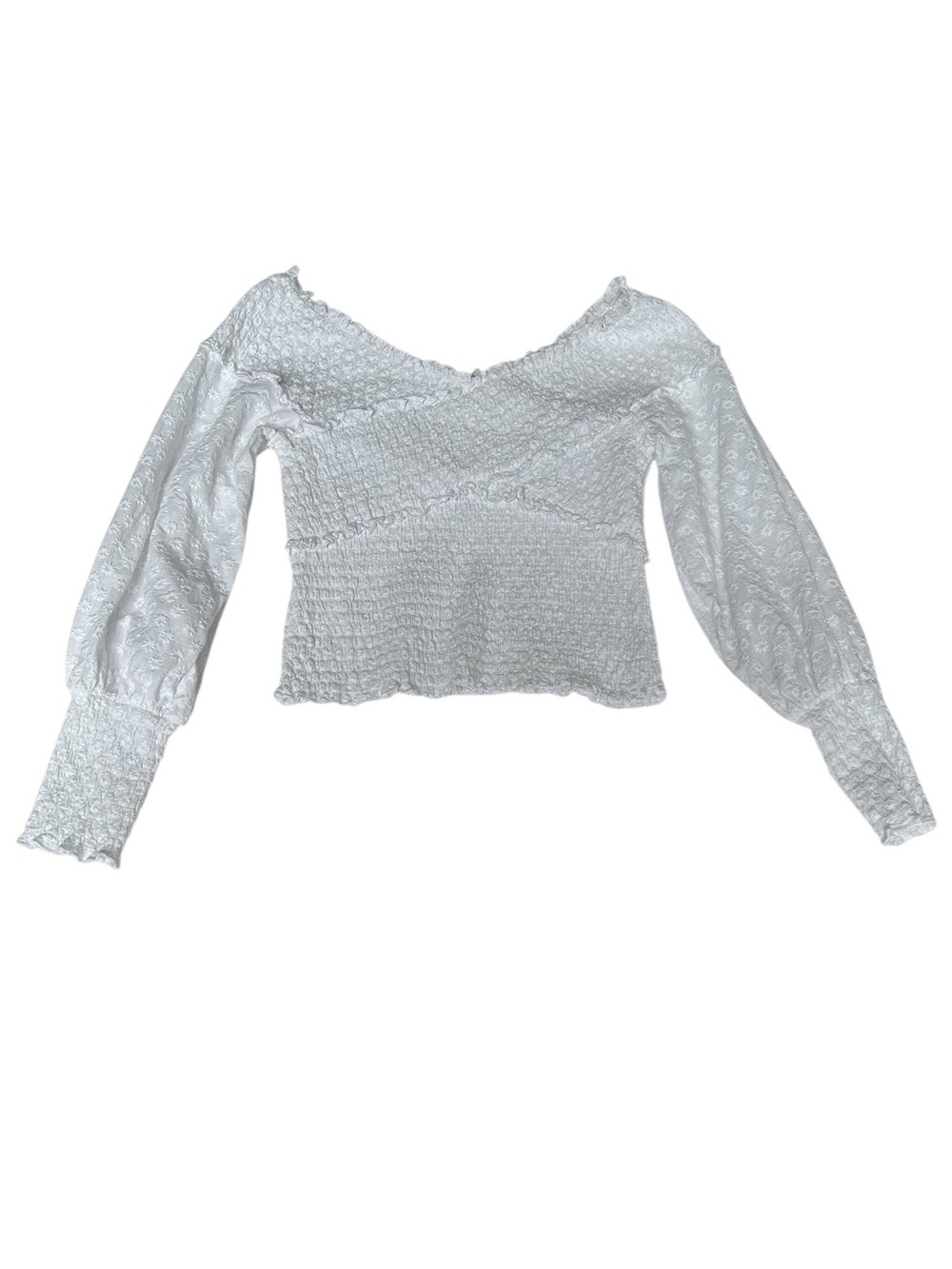 Source Unknown White Lace Long-Sleeve Smocked Crop Top
